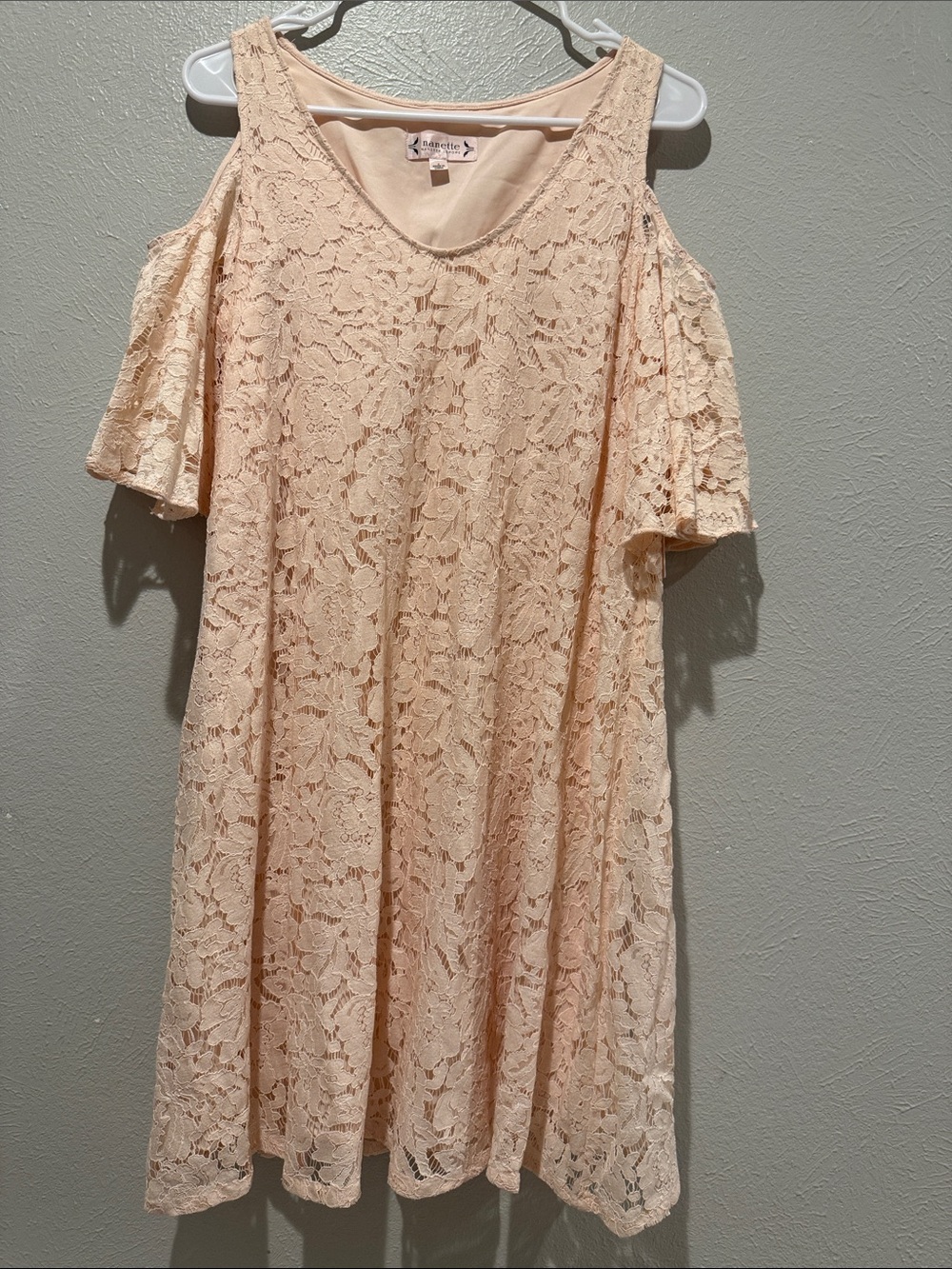 Nanette Lepore Blush Peach Lace Dress. PTP 16”. Length 36”